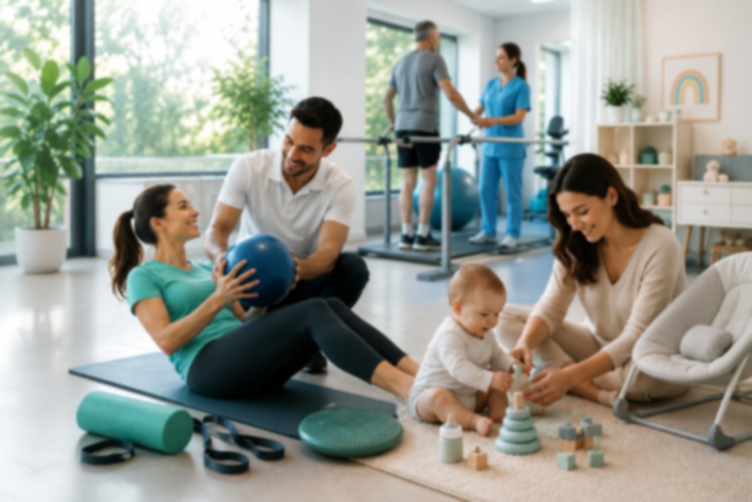 Sessão de fisioterapia e reabilitação em ambiente familiar
